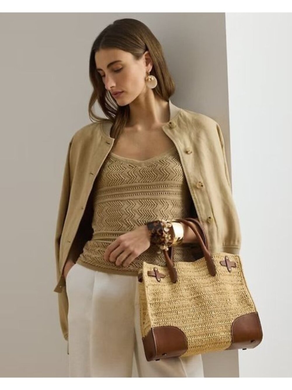 NWT Lauren Ralph Lauren Woven Straw Devyn Tote Bag Natural Size Medium
